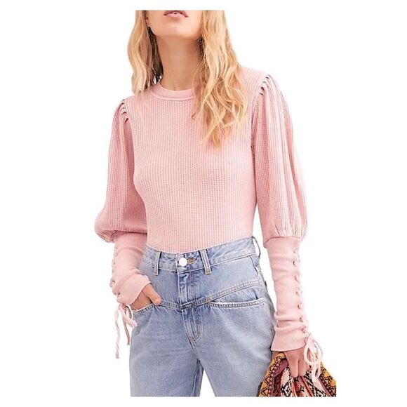 Free People Tasha Pastel Pink Waffle Knit Top Size Large - Picture 1 of 5